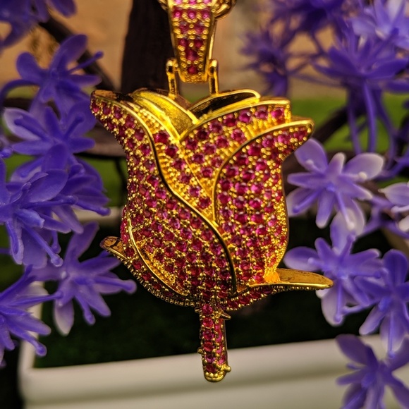 🖤 24" x 3mm Rope Chain + Red Rose Pendant - Picture 2 of 8